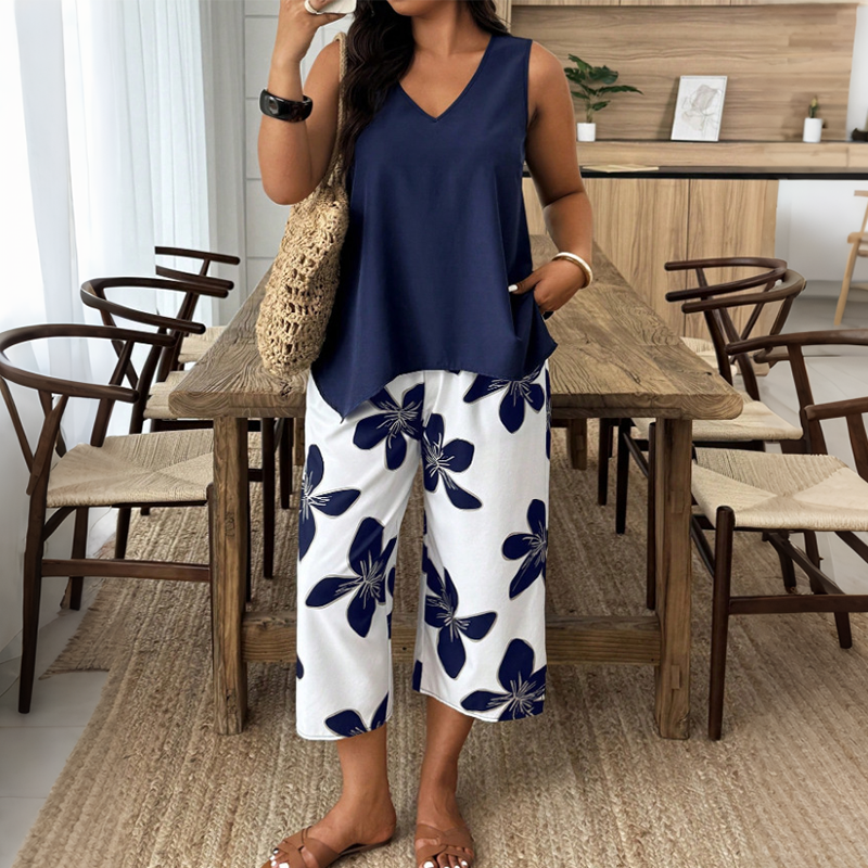 Komfortabelt Sommersæt med One-Shoulder Top og Capri Bukser