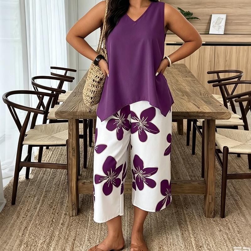 Komfortabelt Sommersæt med One-Shoulder Top og Capri Bukser